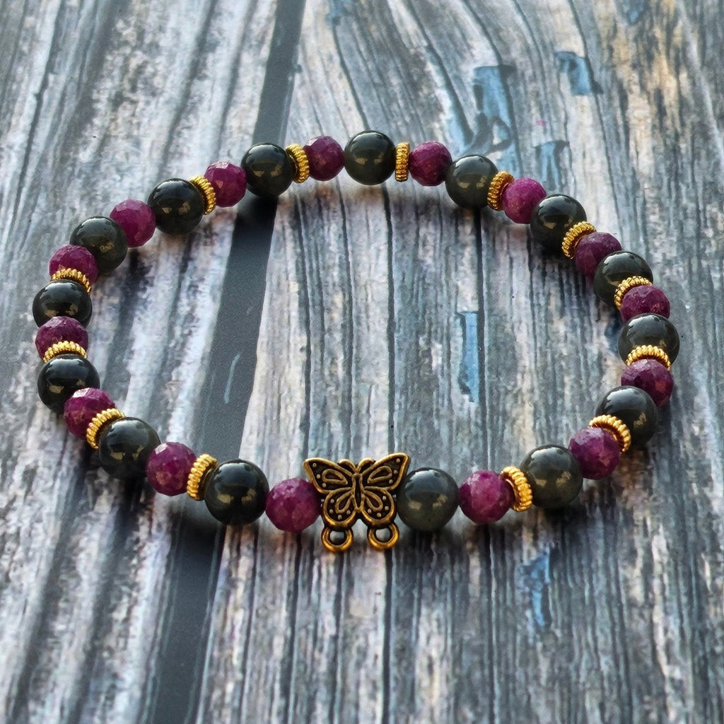 Bracelet Jade Wuji Gris & Rubis Nid d'Abeille – 5mm - Kumari Legacy