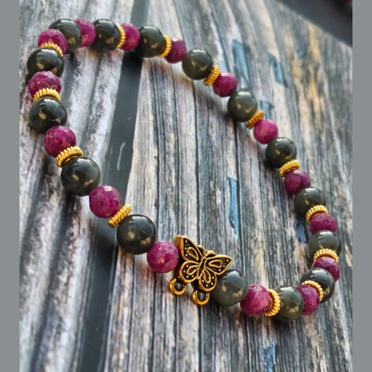 Bracelet Jade Wuji Gris & Rubis Nid d'Abeille – 5mm - Kumari Legacy