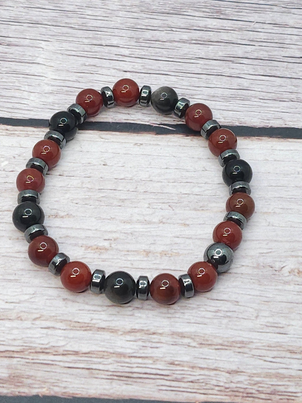 Bracelet Obsidienne Silver, Hématite & Agate Rouge 8mm - Kumari Legacy