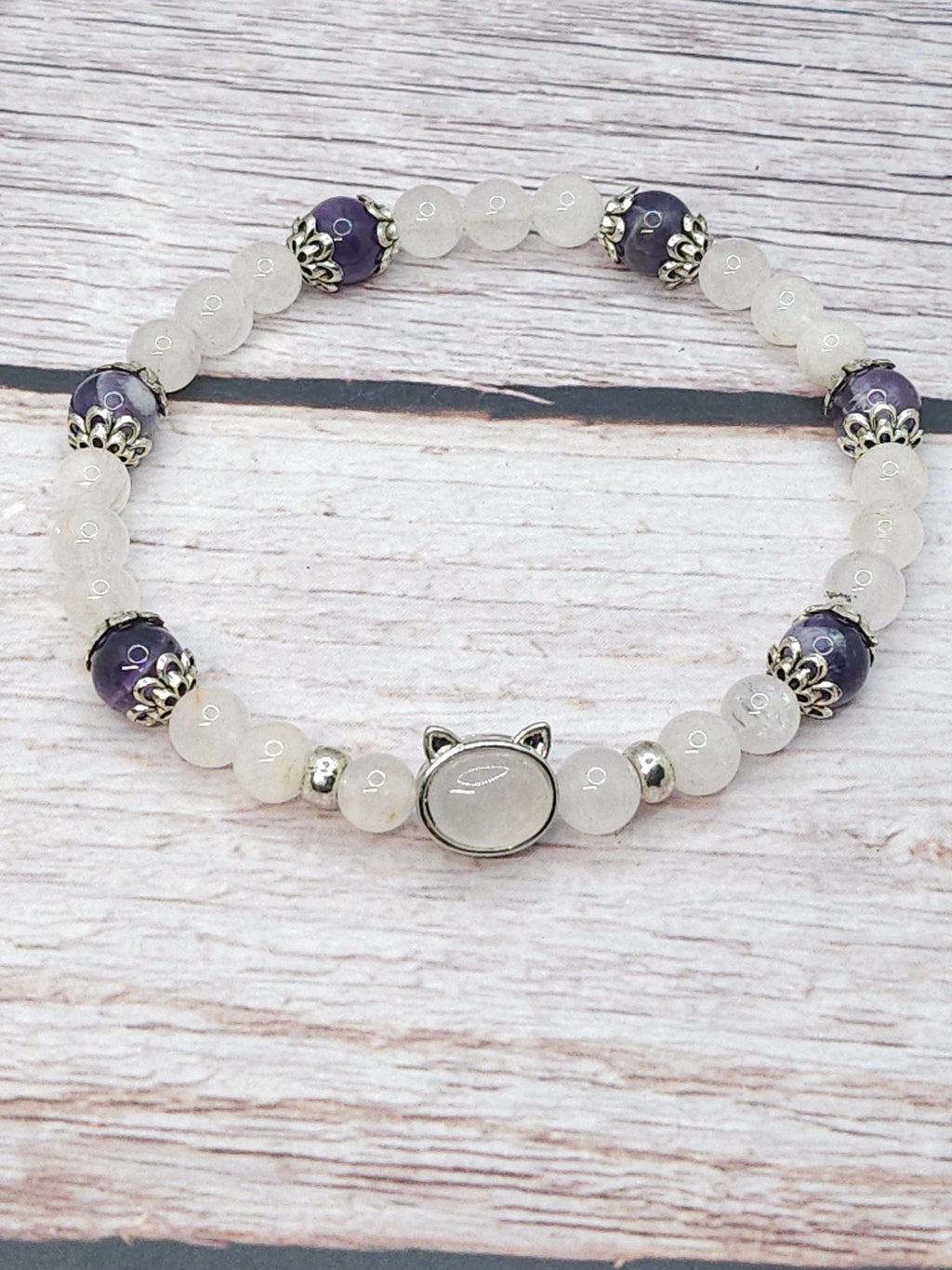 Bracelet Quartz Rose & Améthyste – Breloque Chat Argent 6mm/8mm - Kumari Legacy