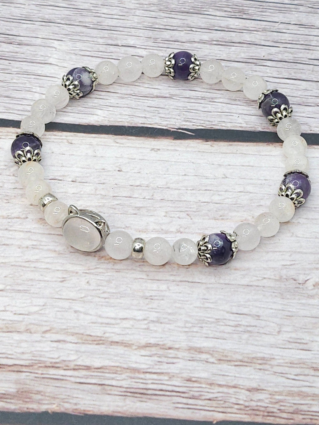 Bracelet Quartz Rose & Améthyste – Breloque Chat Argent 6mm/8mm - Kumari Legacy