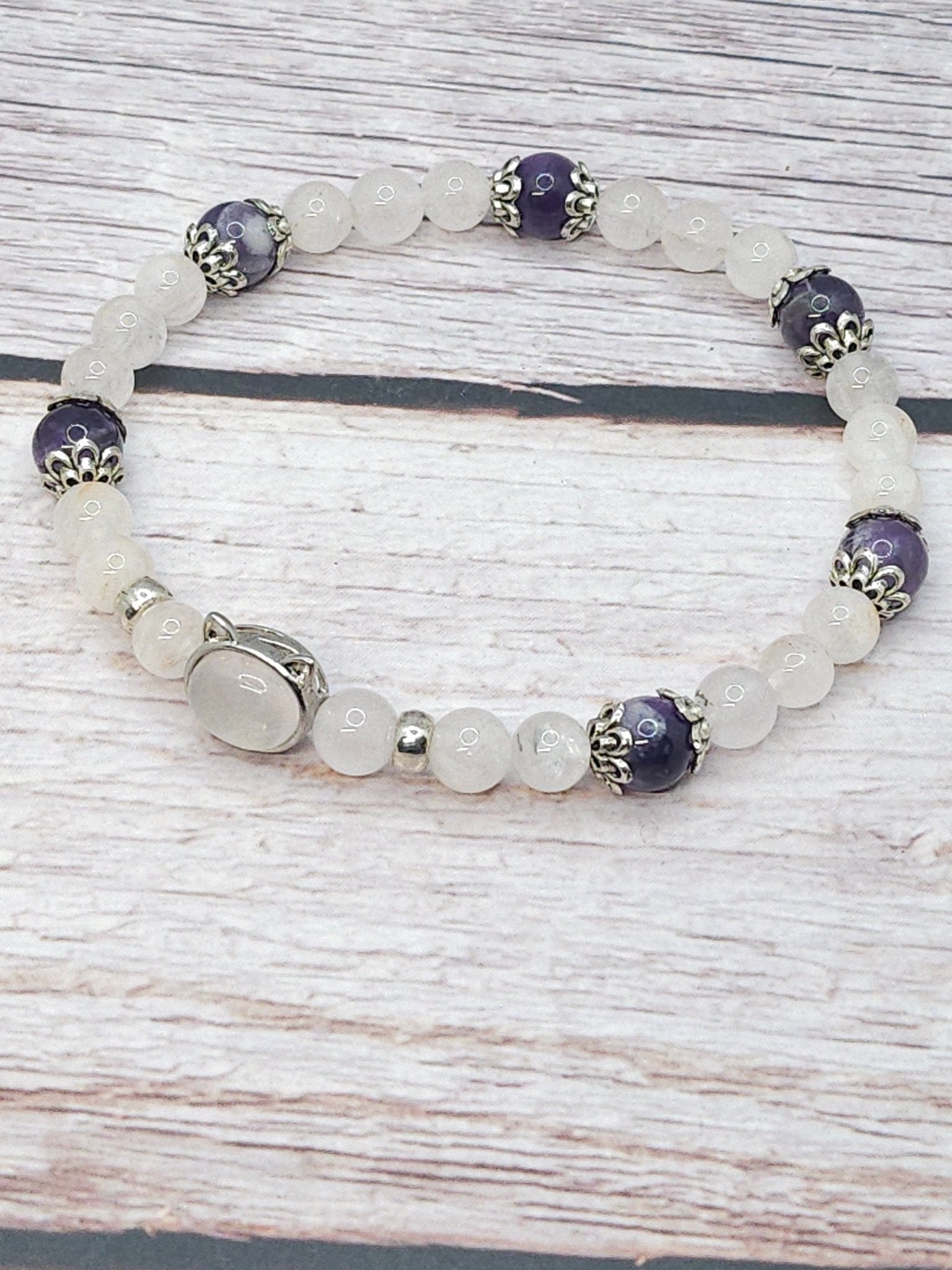 Bracelet Quartz Rose & Améthyste – Breloque Chat Argent 6mm/8mm - Kumari Legacy