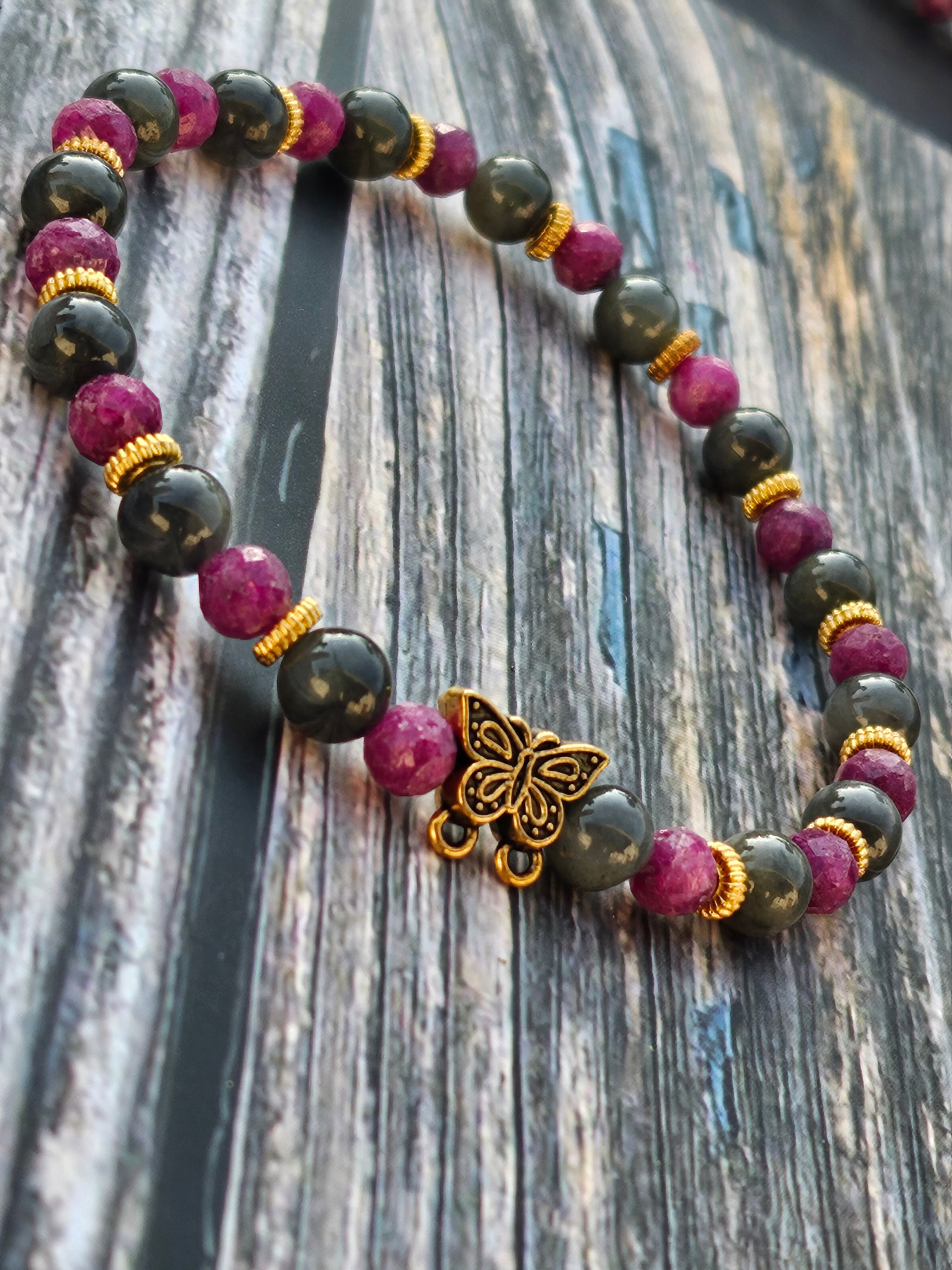 Bracelet Jade Wuji Gris & Rubis Nid d'Abeille – 5mm