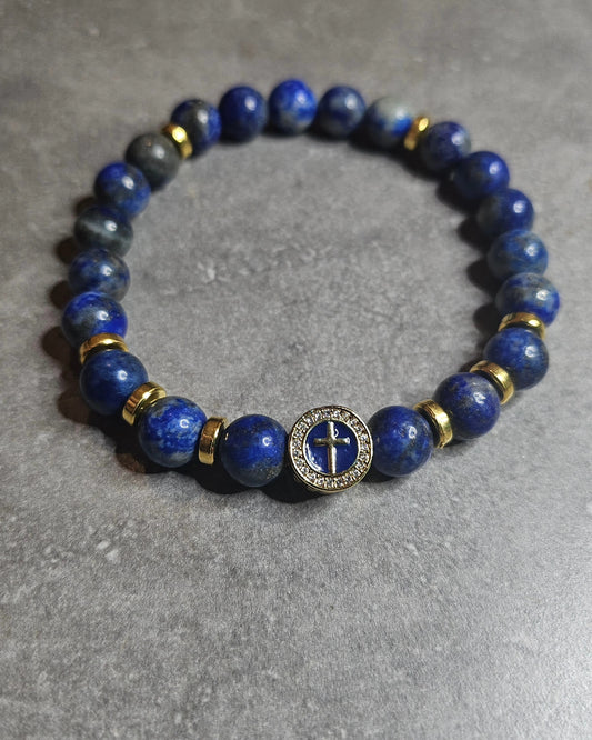 Bracelet en Lapis Lazuli avec Breloque Croix - Élégance Spirituelle