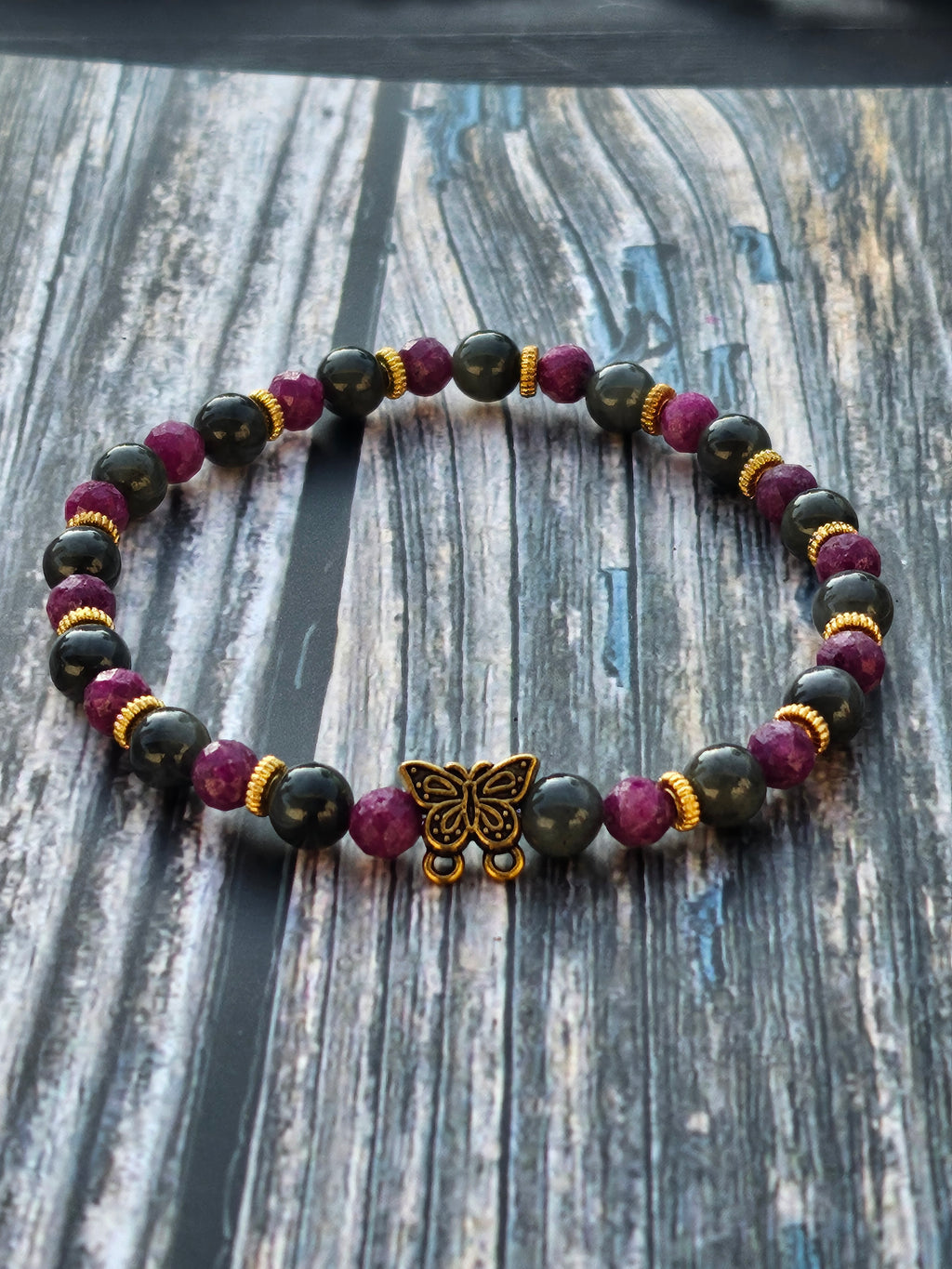 Bracelet Jade Wuji Gris & Rubis Nid d'Abeille – 5mm