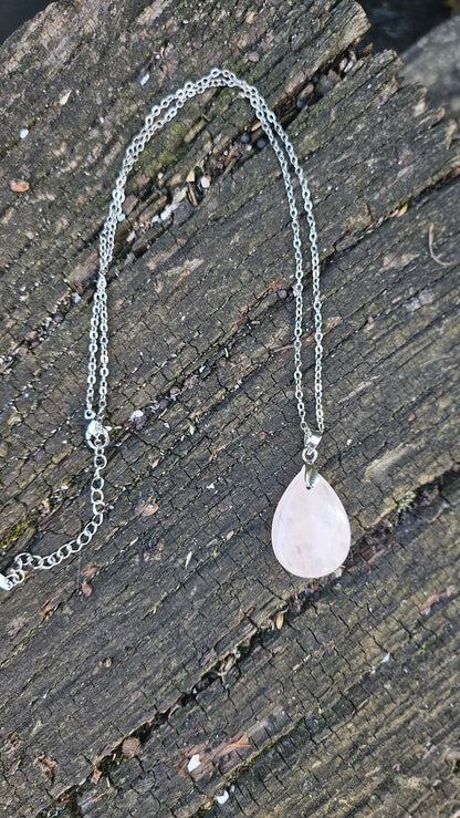 Collier "Goutte d'Énergie" en Quartz Rose - Acier Inoxydable