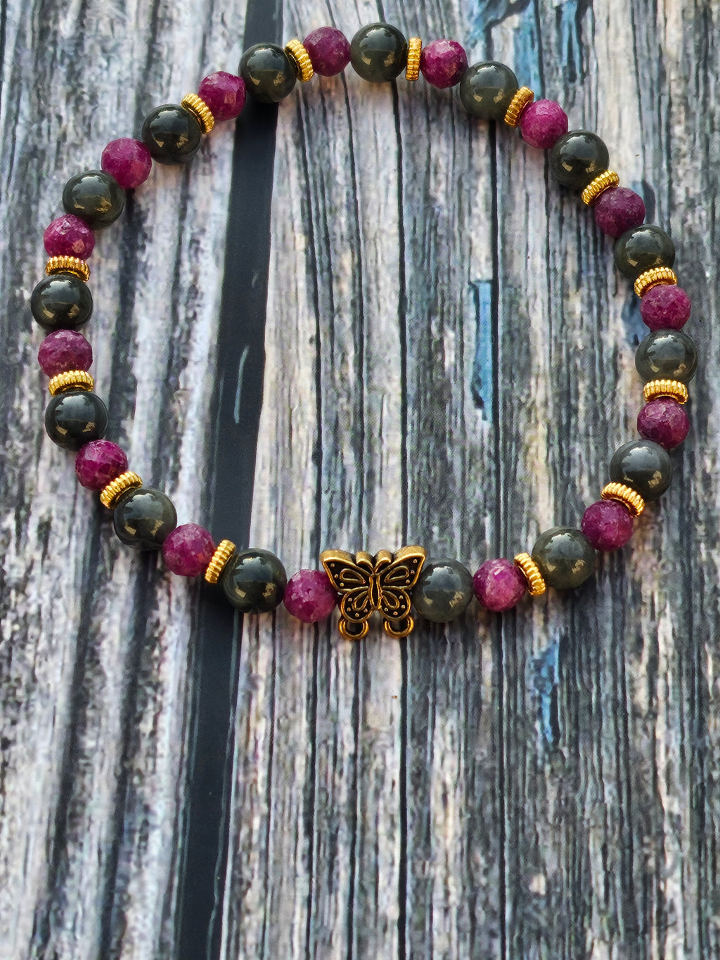 Bracelet Jade Wuji Gris & Rubis Nid d'Abeille – 5mm