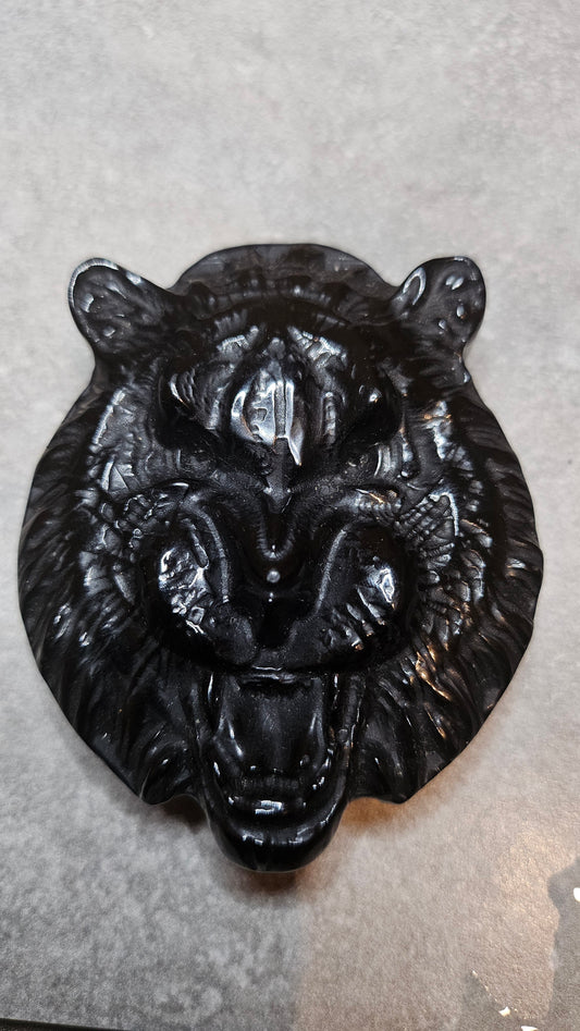 Tête de Lion &amp; Tigre en Obsidienne Noire - Force et Protection