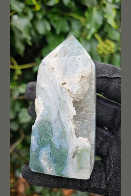 Natural Moss Agate Quartz Obelisk - Soothing Energy and Connection to Nature