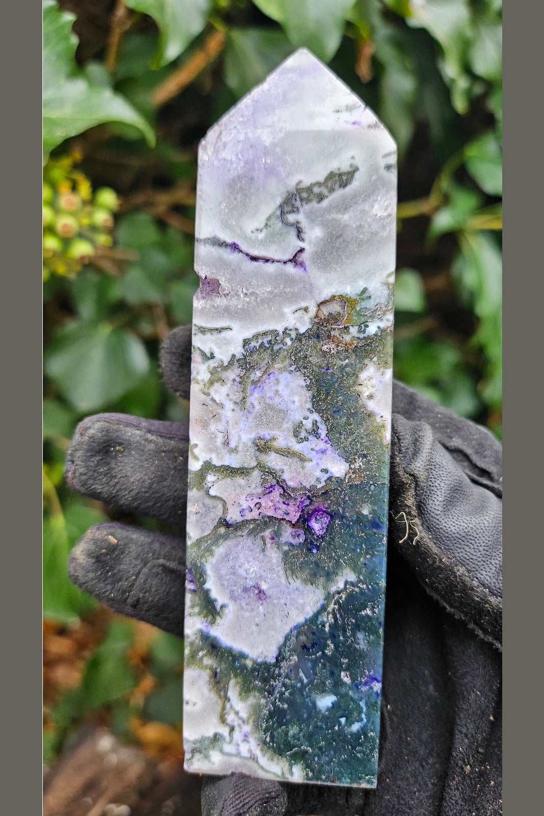 Natural Moss Agate Quartz Obelisk - Soothing Energy and Connection to Nature