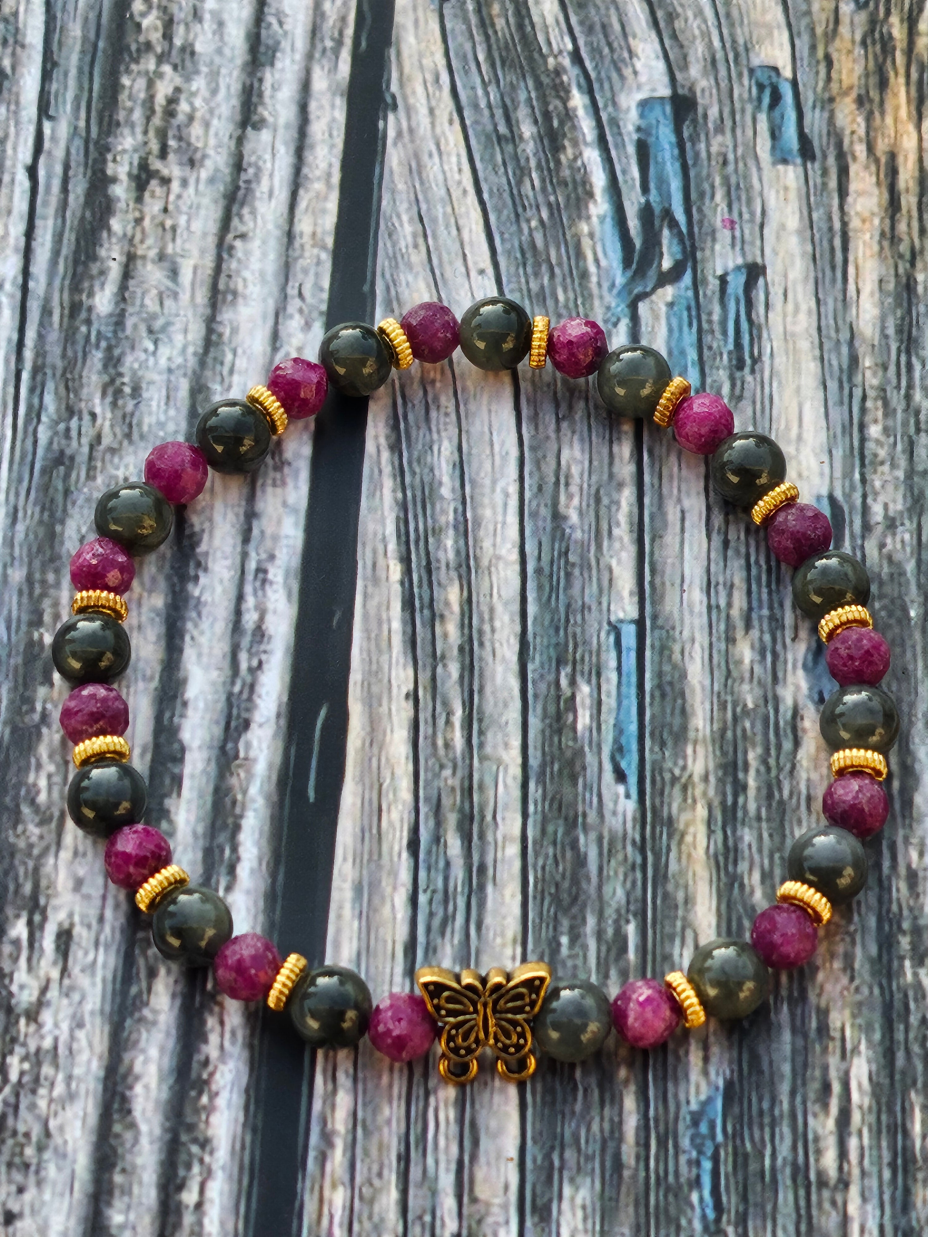 Bracelet Jade Wuji Gris & Rubis Nid d'Abeille – 5mm
